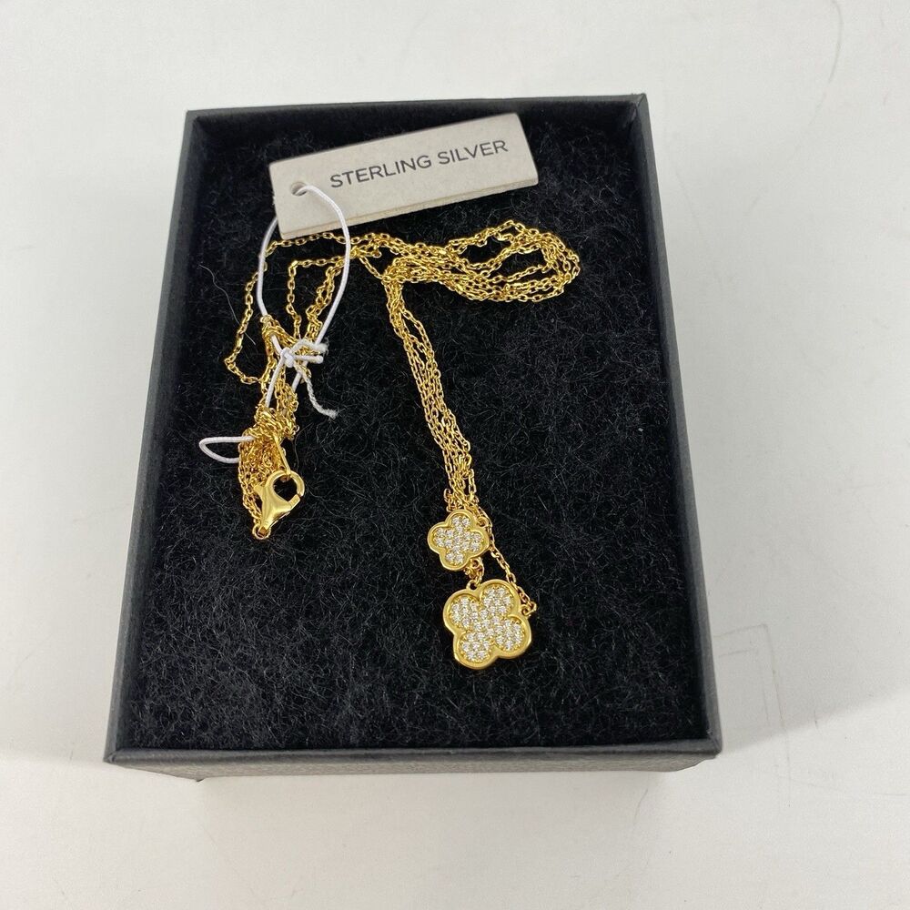 Rachel Zoe CZ Pavé Double Clover Necklace Gold Plated 925 Sterling Silver 18”